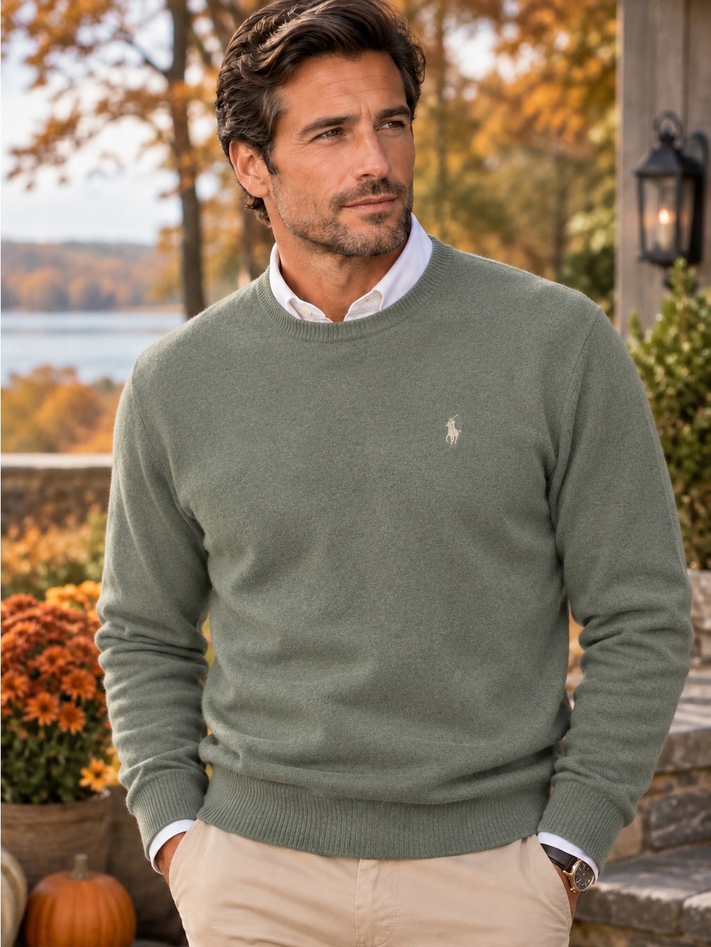 Polo by Ralph Lauren Men's Crewneck Sweater - Lite Olive Cashmere Size Large